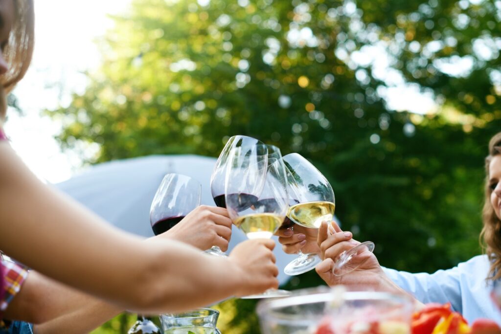 A group of friends or family are toasting with glasses of red and white wine at an outdoor gathering. The sun is shining brightly through the green trees and leaves in the background.
