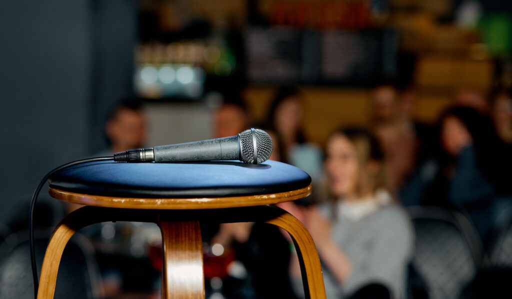 microphone lies on a chair on the stage before the performance. High quality photo
