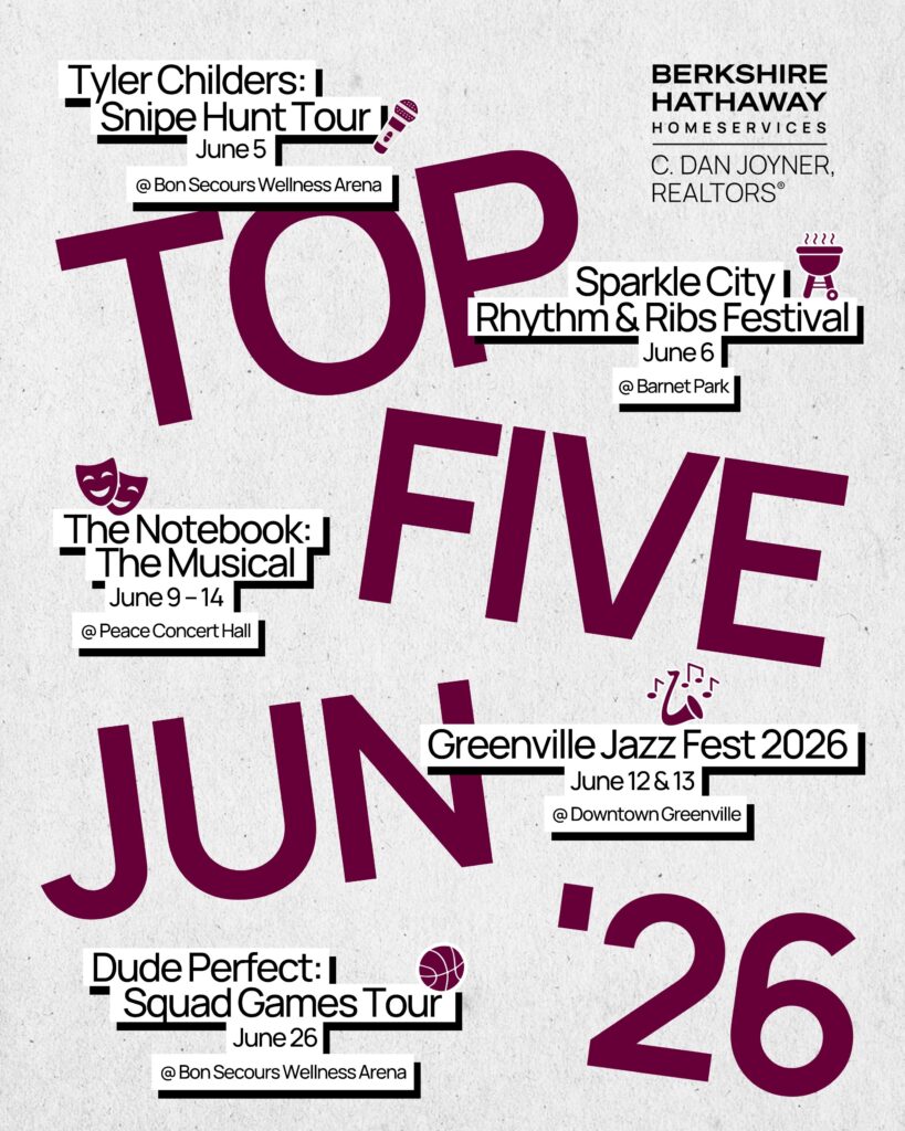 une 2026 Top Five Events infographic by Berkshire Hathaway HomeServices C. Dan Joyner, REALTORS®. Featuring Tyler Childers Snipe Hunt Tour, Sparkle City Rhythm & Ribs Festival at Barnet Park, The Notebook The Musical at Peace Concert Hall, Greenville Jazz Fest 2026, and Dude Perfect Squad Games Tour.
