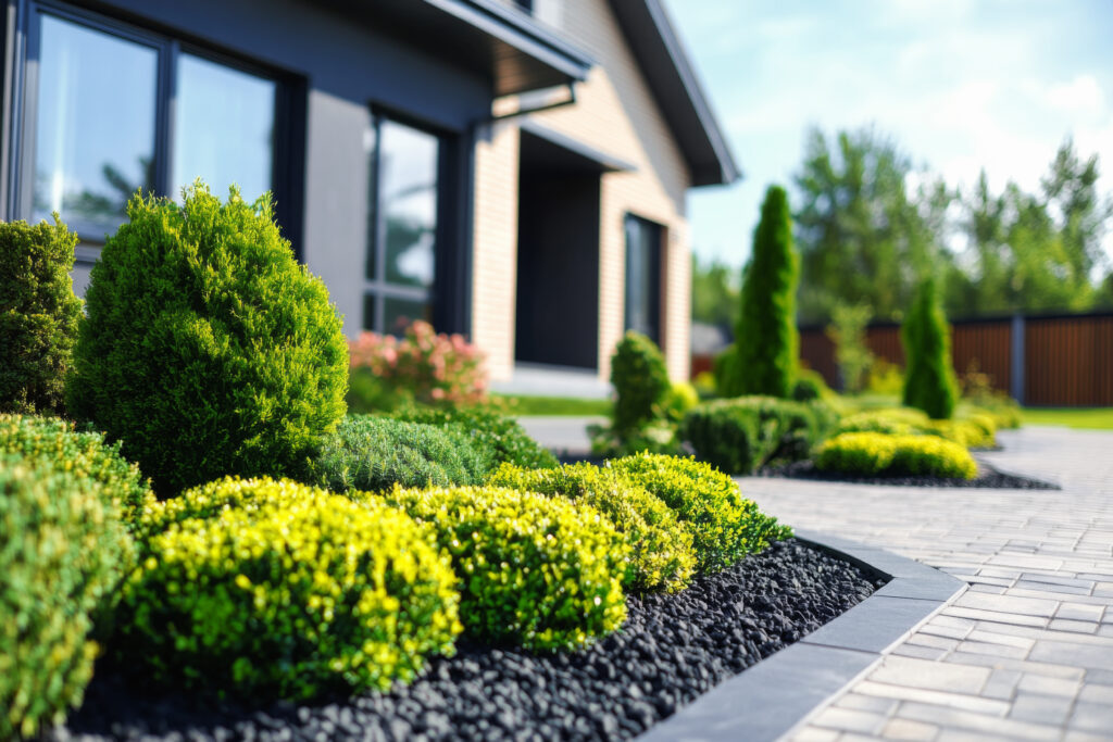 A modern home exterior with neatly trimmed green shrubs, dark mulch, clean gutters, and a stone walkway to protect your home value.